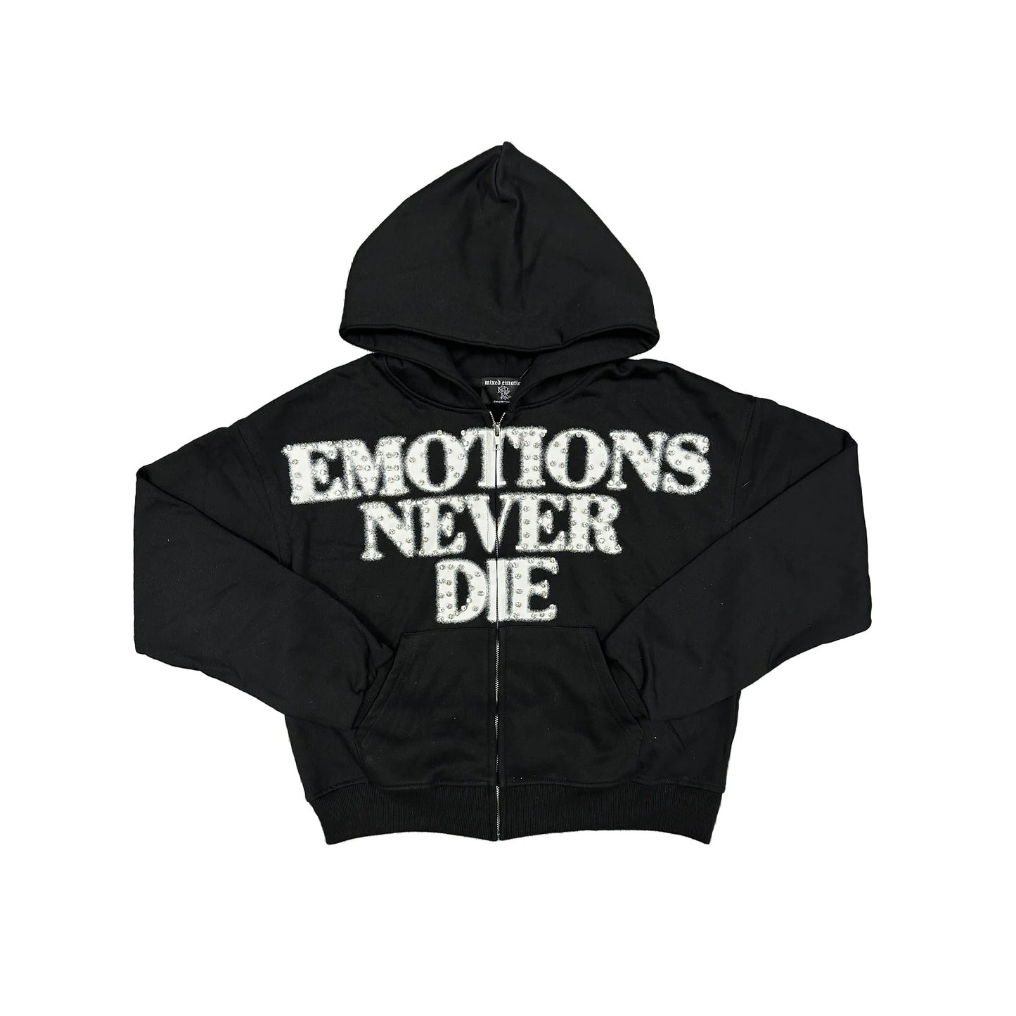 Mixed Emotion Black “End” Rhinestone Zip Hoodie front
