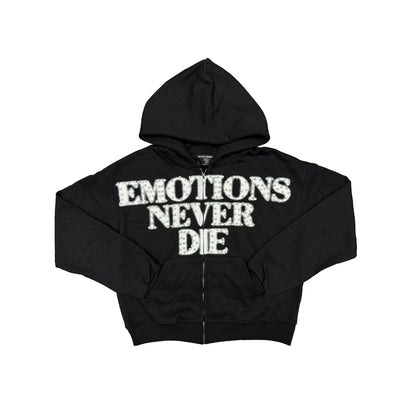 Mixed Emotion Black “End” Rhinestone Zip Hoodie front