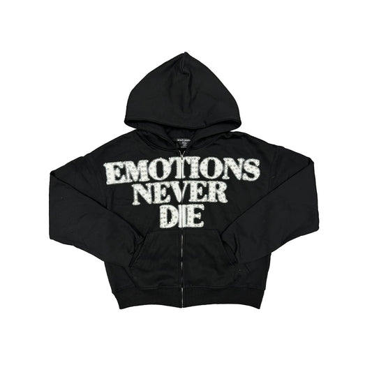Mixed Emotion Black “End” Rhinestone Zip Hoodie front