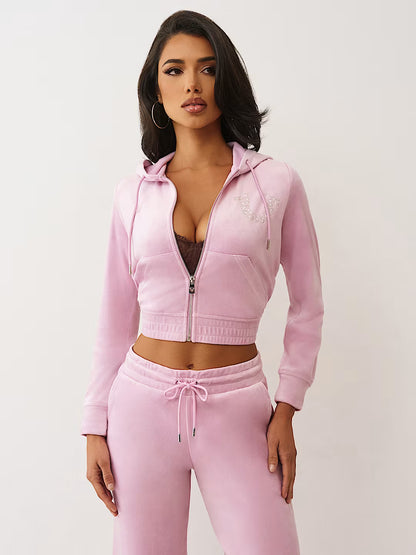 True Religion Crystal Horseshoe Velour Zip Hoodie