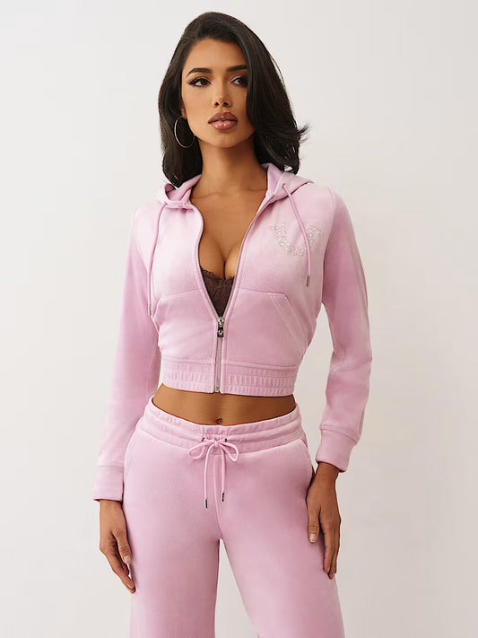 True Religion Crystal Horseshoe Velour Zip Hoodie