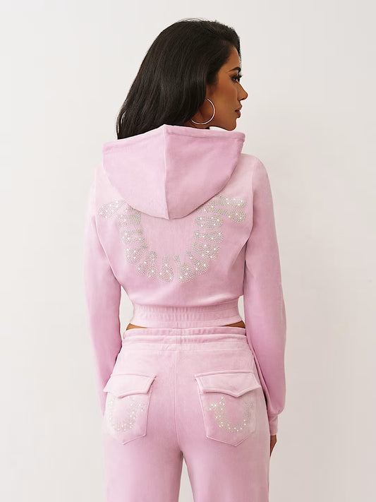 True Religion Crystal Horseshoe Velour Zip Hoodie