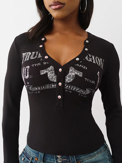 True Religion Ribbed Faded Logo Henley in black