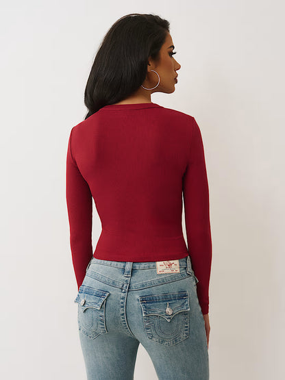 True Religion Ribbed Faded Logo Henley in red 