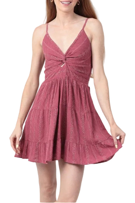 Eyelet Twist Front Mini Dress | Embroidered V-Neck Tiered Dress FRONT