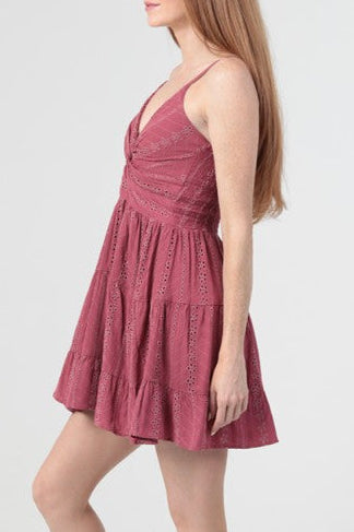 Eyelet Twist Front Mini Dress | Embroidered V-Neck Tiered Dress SIDE