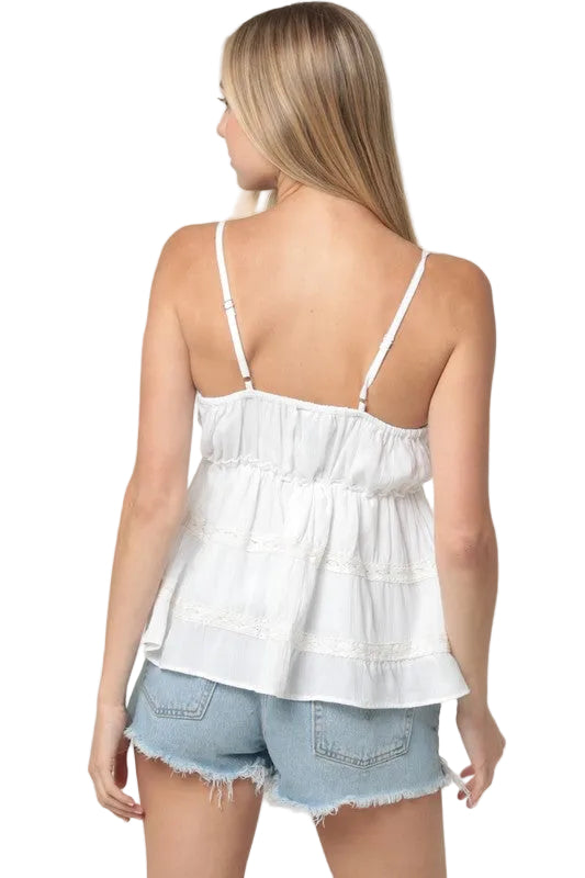 White Lace Trim Cami Top | Tiered Flowy Tank for Women  back view