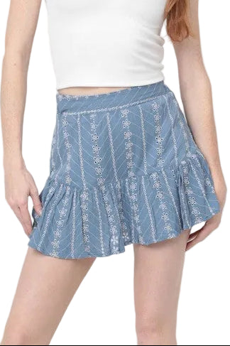 Blue Eyelet Skort | Embroidered Ruffle Skort for Women front view