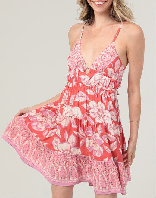 Spaghetti Strap V-Neck Open Back Sundress – Coral Floral Mini Dress front