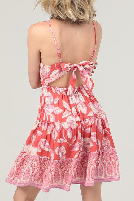 Spaghetti Strap V-Neck Open Back Sundress – Coral Floral Mini Dress back 