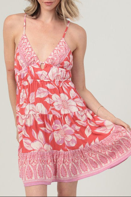 Spaghetti Strap V-Neck Open Back Sundress – Coral Floral Mini Dress front view