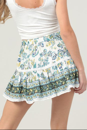 Angie lace trim floral printed skort front view ruffle mini skirt with built in shorts back view
