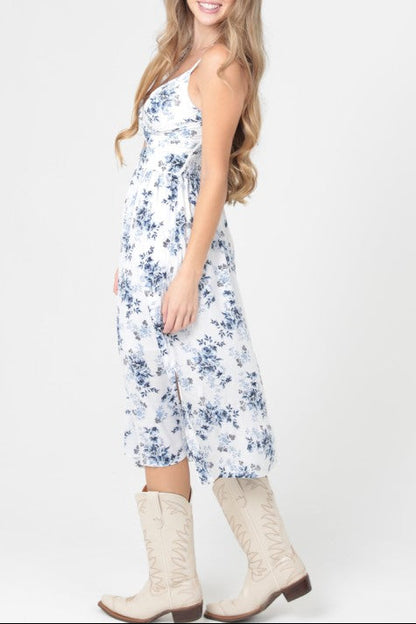 Floral Print V-Neck Twist Front Cut-Out Midi Dress side