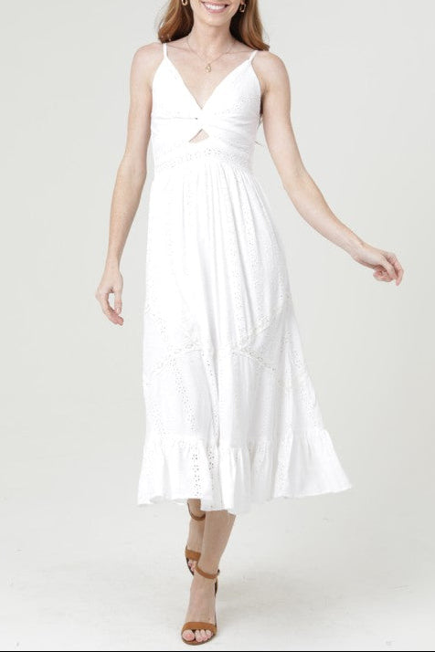 white eyelet embroidery midi dress front view lace trim v neck tiered summer dress