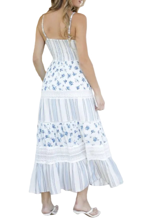 Blue Floral & Stripe Maxi Dress | Twist Front Lace Trim Summer Dress back view