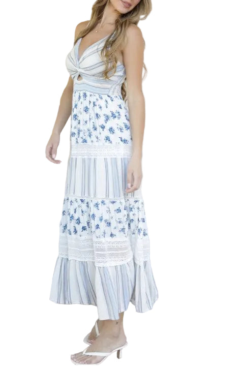 Blue Floral & Stripe Maxi Dress | Twist Front Lace Trim Summer Dress side view