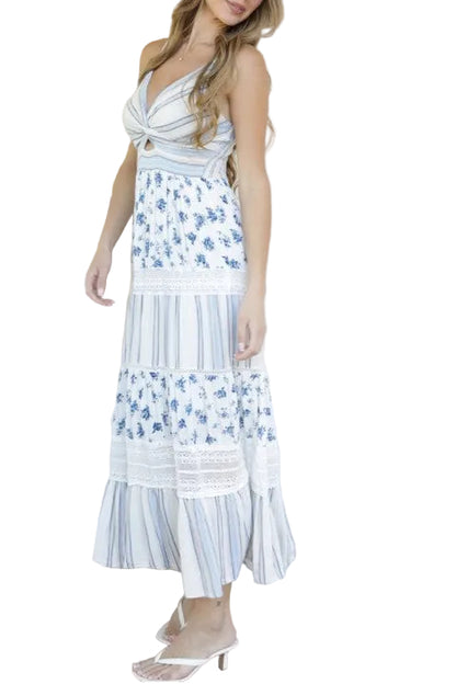 Blue Floral & Stripe Maxi Dress | Twist Front Lace Trim Summer Dress side view