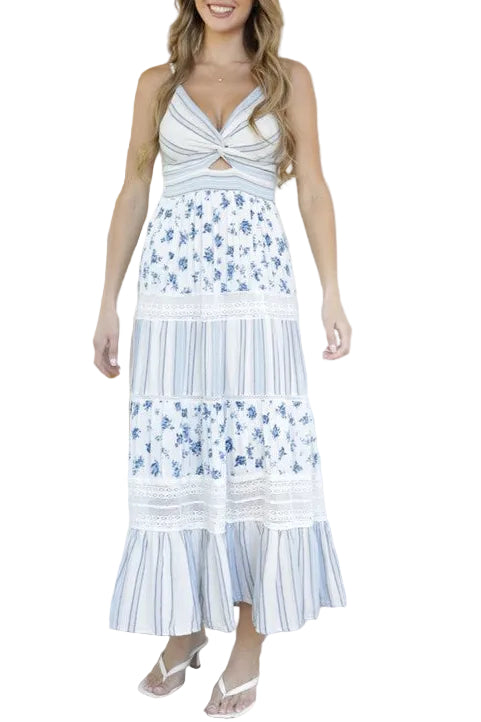 Blue Floral & Stripe Maxi Dress | Twist Front Lace Trim Summer Dress front view