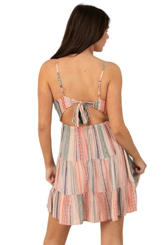 V-Neck Open Tie Back Embroidered Mini Dress back