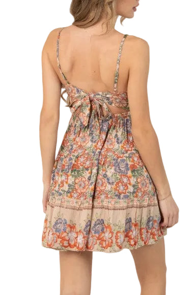 Floral V Neck Sundress | Open Tie Back Summer Dress back view