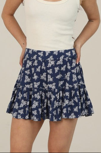navy ditsy floral skort front view ruffle mini skirt with built in shorts