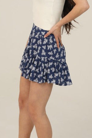 navy ditsy floral skort side view ruffle mini skirt with built in shorts