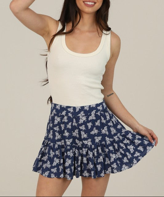 navy ditsy floral skort front view ruffle mini skirt with built in shorts