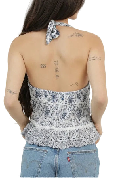 Blue & White Floral Halter Tank Top | V-Neck Peplum Summer Top back view