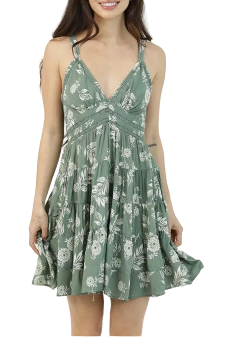 sage green floral lace trim mini dress front view v neck tiered sundress