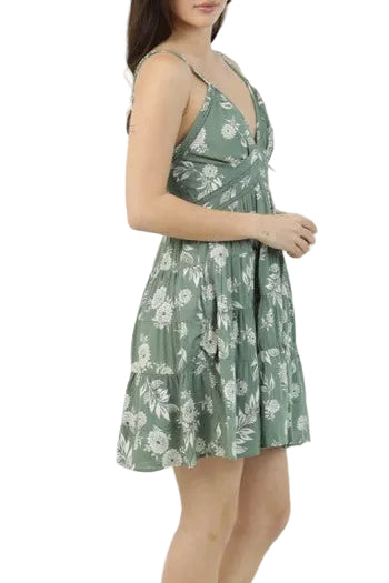 sage green floral lace trim mini dress side view v neck tiered sundress