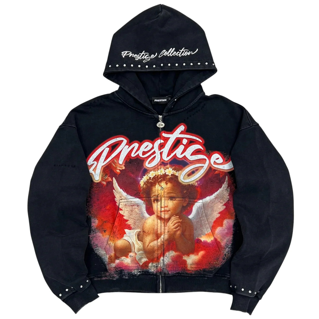 Prestige Angel Hoodie Red Black | Rhinestone Streetwear front view