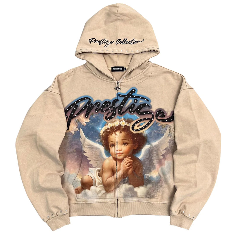 Prestige Angel Hoodie vintage angel graphic zip hoodie rhinestone streetwear hoodie Epic Outfitters