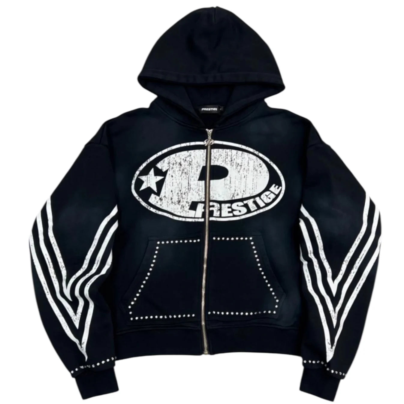 Prestige “P Logo” Rhinestone Hoodie – Black Zip-Up Graphic Streetwear Hoodie front view