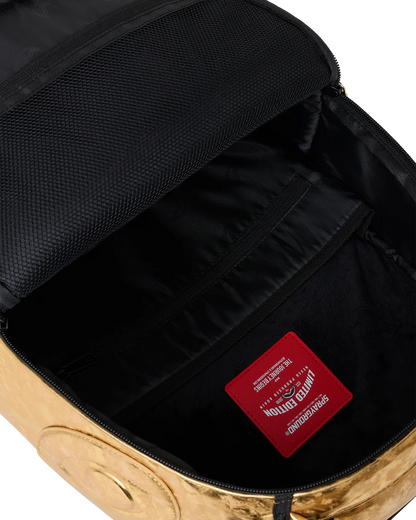 Close-up of a backpack interior with a red label on a white background