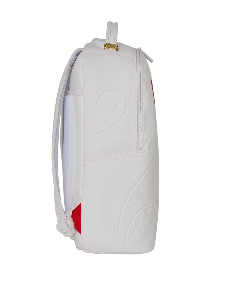 A white shoulder bag with embossed leaf patterns and a red accent on the lower side, shown against a plain white background with a soft drop shadow.