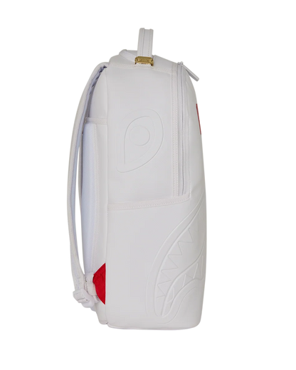 A white shoulder bag with embossed leaf patterns and a red accent on the lower side, shown against a plain white background with a soft drop shadow.