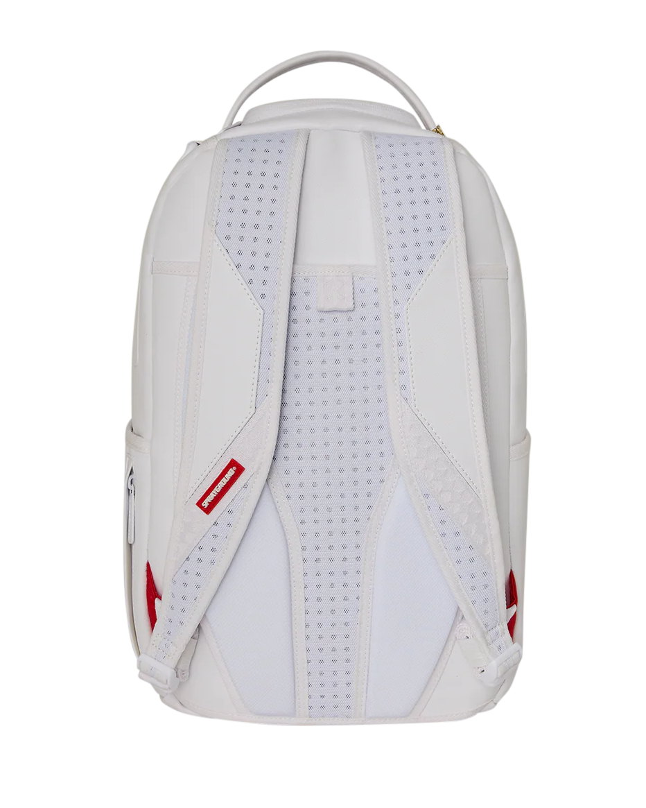 A white backpack shown from the back, featuring a central textured panel with a subtle blue grid pattern, perforated side panels, and small red brand tags on the sides.