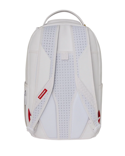 A white backpack shown from the back, featuring a central textured panel with a subtle blue grid pattern, perforated side panels, and small red brand tags on the sides.