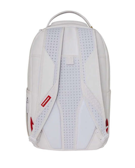 A white backpack shown from the back, featuring a central textured panel with a subtle blue grid pattern, perforated side panels, and small red brand tags on the sides.