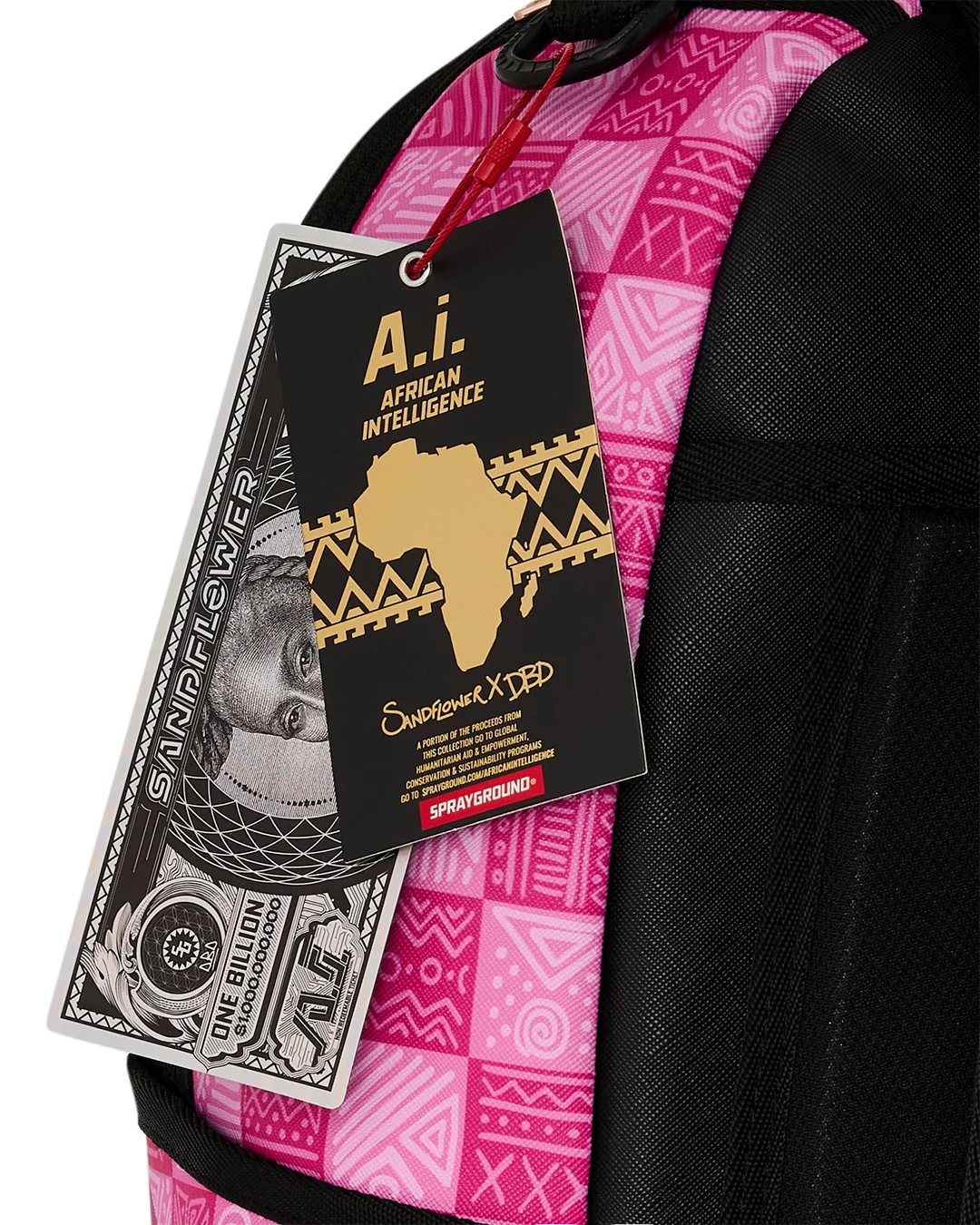 Sprayground A.I. African Intelligence The Sunset Reset Backpack – Sandflower Collab tags