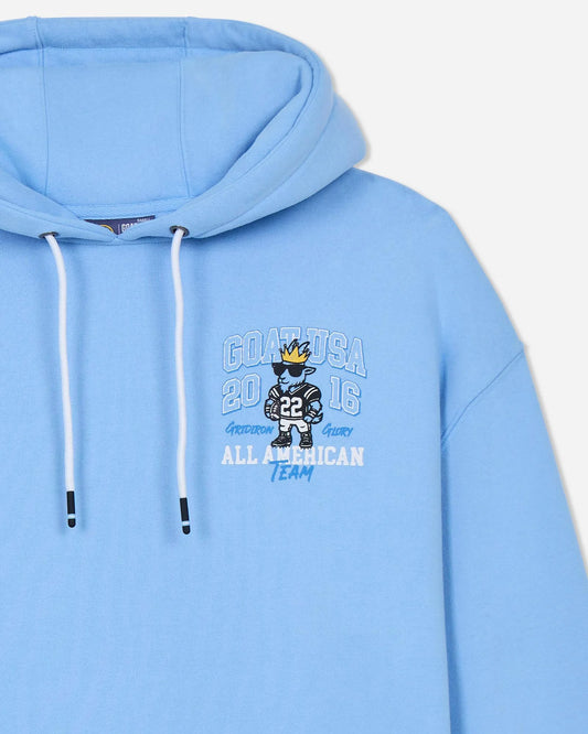 Light blue hoodie with a graphic design on a white background
