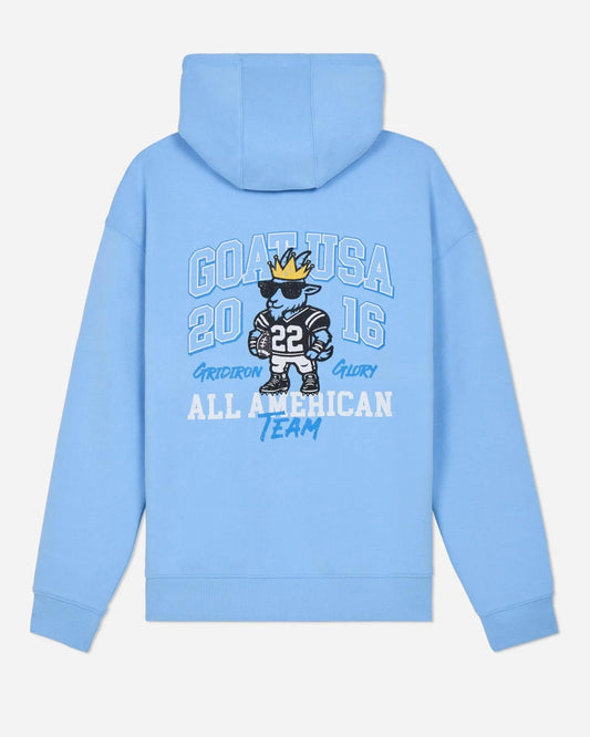 Light blue hoodie with graphic design on the back against a white background