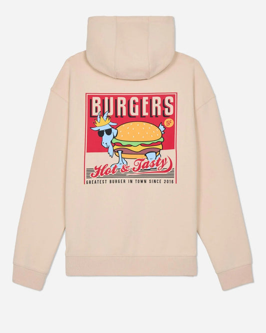 Beige hoodie with a graphic of a cow and burger on a red background