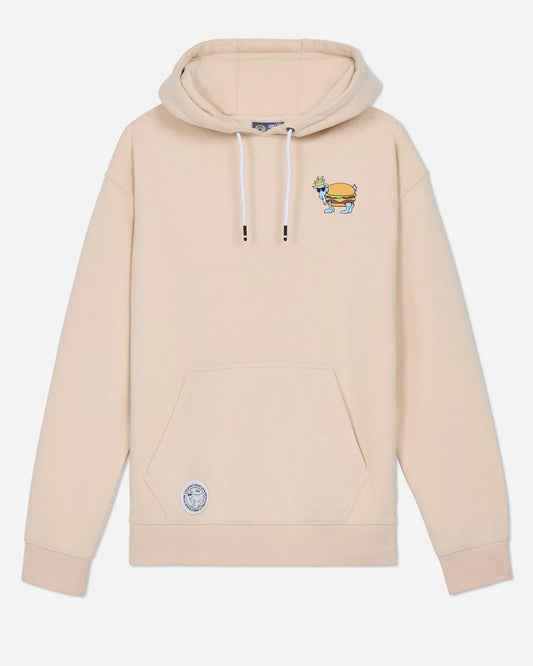 Beige hoodie with a small graphic on the chest against a white background