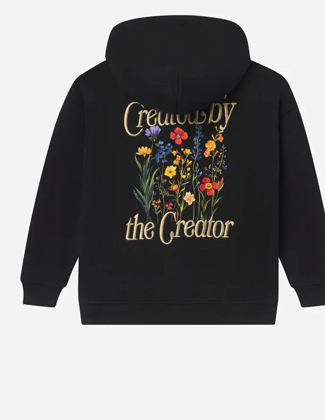 Black hoodie with floral design and text on the back against a white background