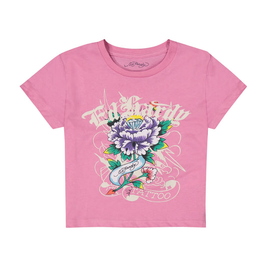 Pink t-shirt with floral design and text on a white background