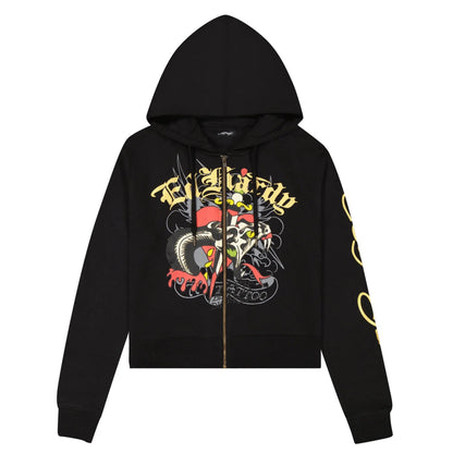 Black hoodie with colorful graphic design on a white background 