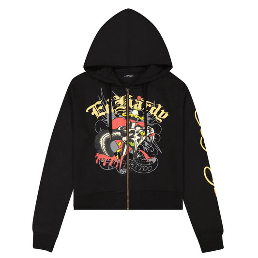 Black hoodie with colorful graphic design on a white background 