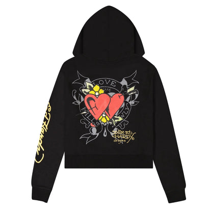 Black hoodie with a red heart design on the back against a white background