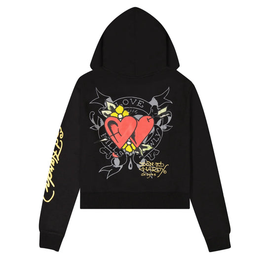 Black hoodie with a red heart design on the back against a white background